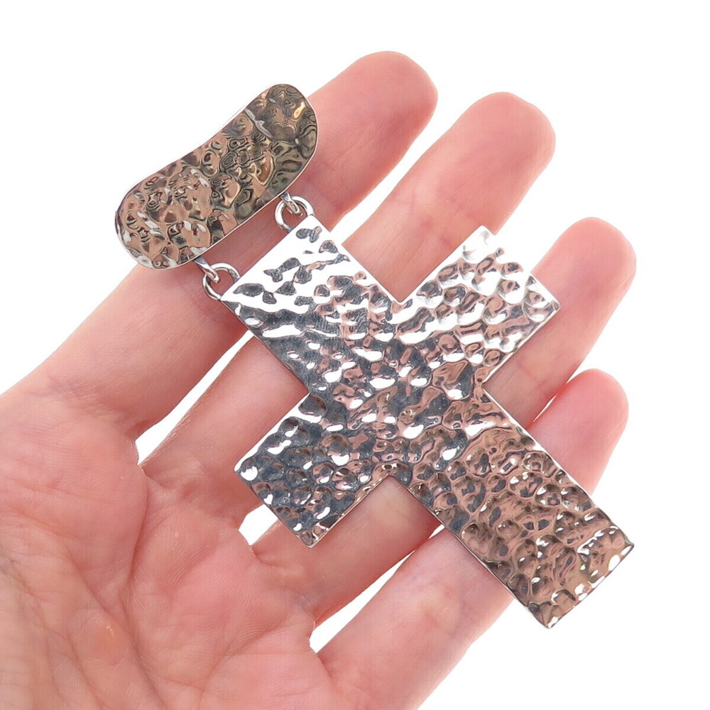 925 Sterling Silver Vintage Cross Hammered Large Slide Pendant